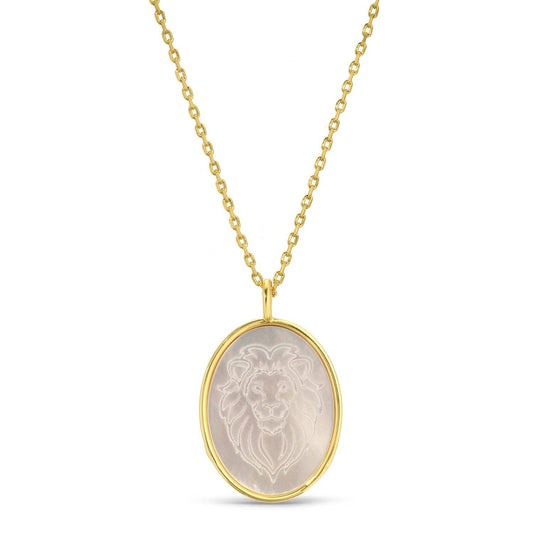 Lion Etched Shell Oval Pendant Necklace