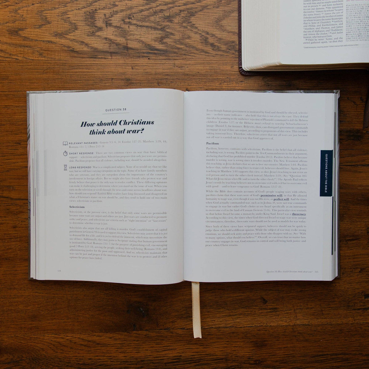 Use a unique description for each photo, such as an open copy of The Questions Handbook showing Scripture references and biblical answers to common Christian faith questions.