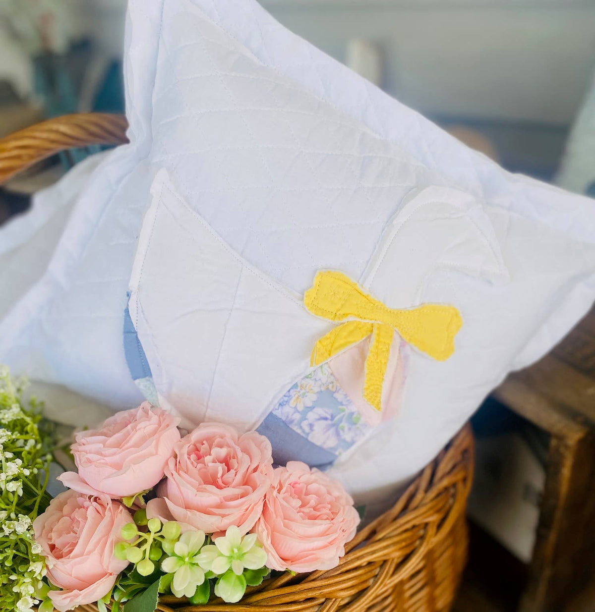 12x12 porch goose pillow with vintage quilt appliqué and yellow bow, handmade cottagecore farmhouse home decor