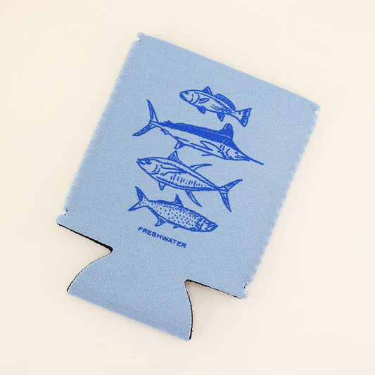 Light blue saltwater fish neoprene can cooler with shark and game fish design