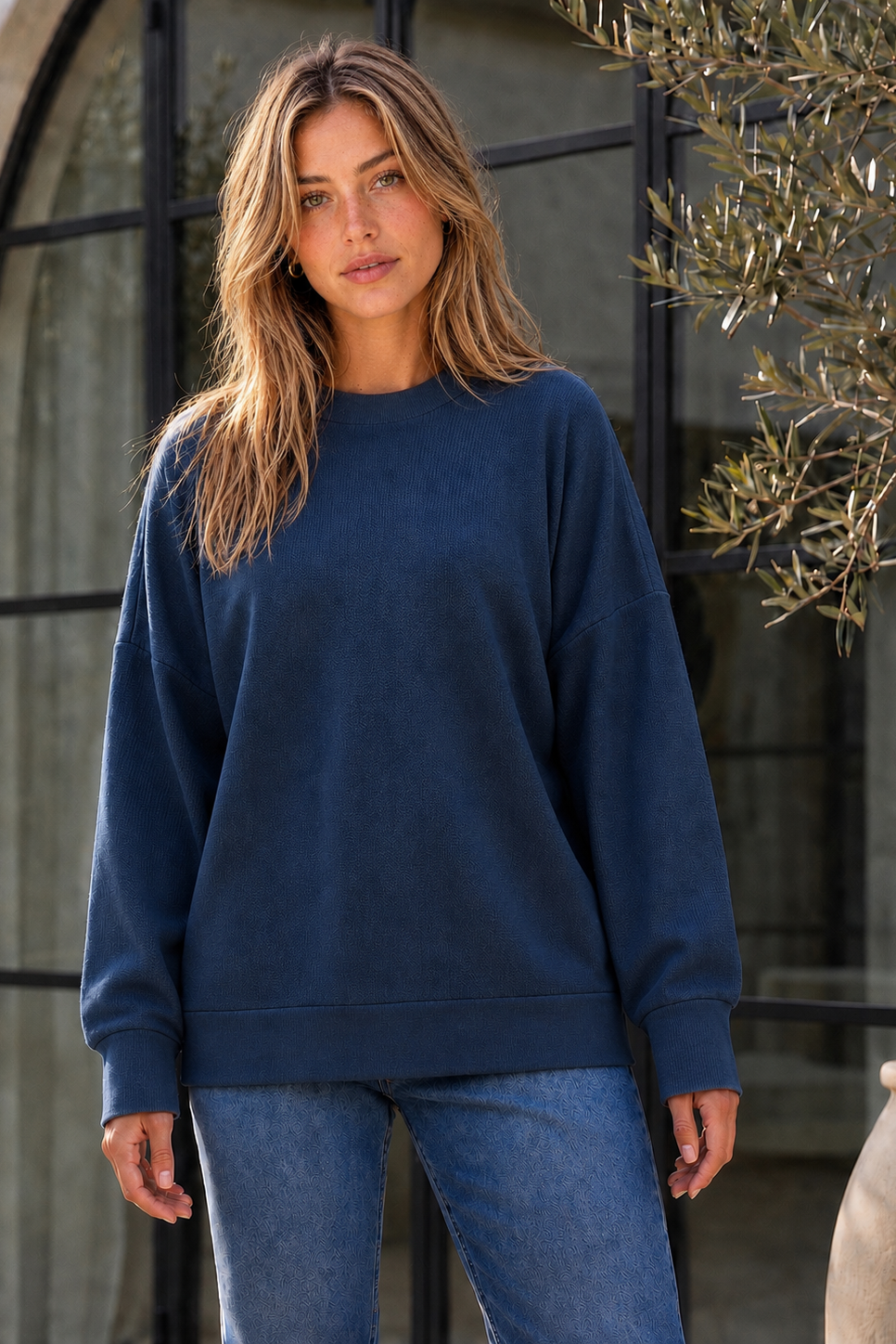 Women’s dusty slate blue textured crewneck sweater with relaxed oversized fit