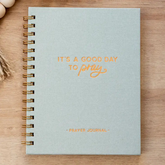 It's a Good Day to Pray Christian prayer journal with sage-blue linen cover and gold lettering
