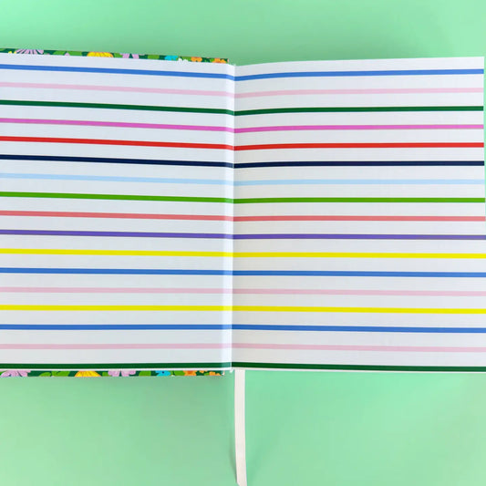 Grateful for God's Blessings gratitude journal with colorful striped inside covers and pink ribbon bookmark