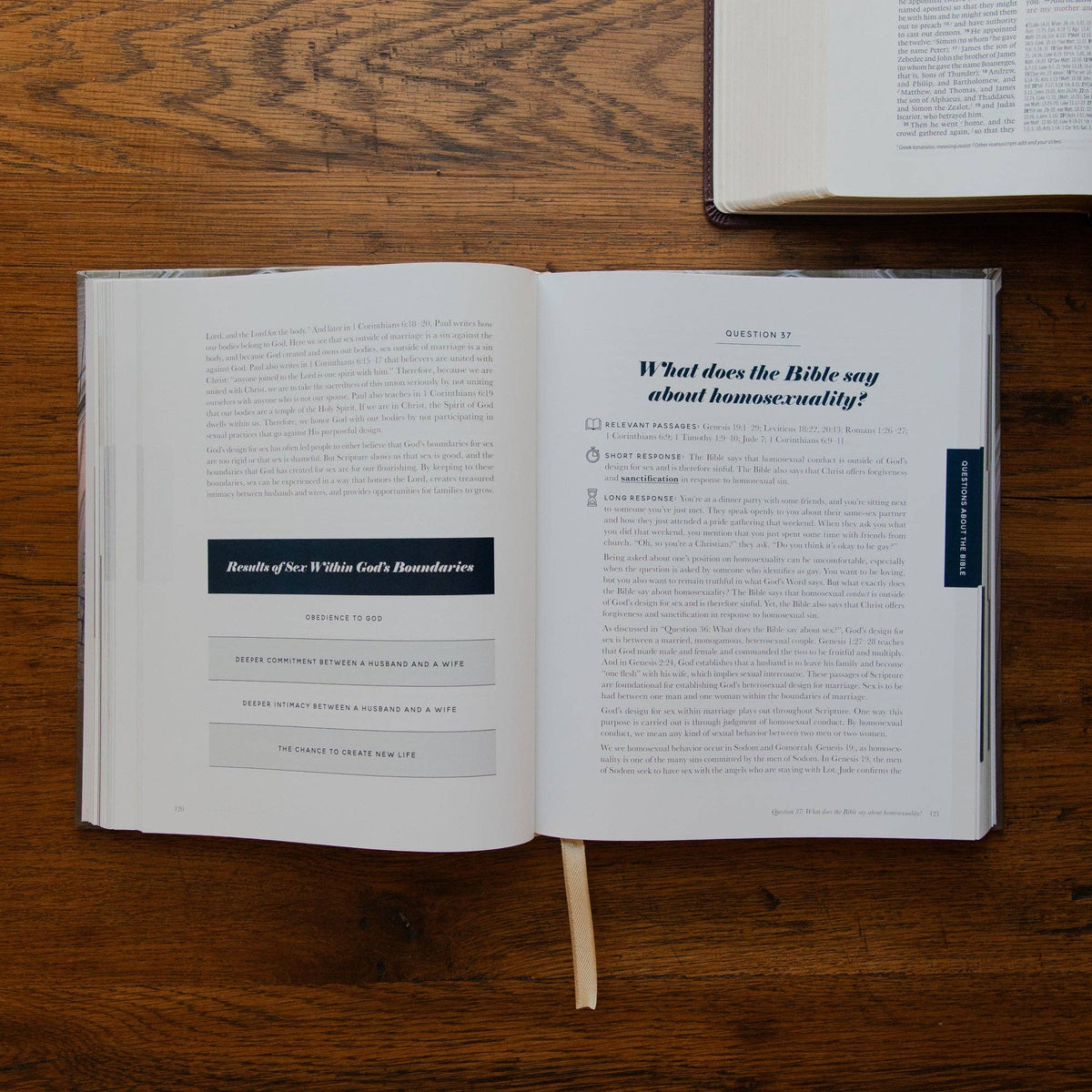 Use a unique description for each photo, such as an open copy of The Questions Handbook showing Scripture references and biblical answers to common Christian faith questions.