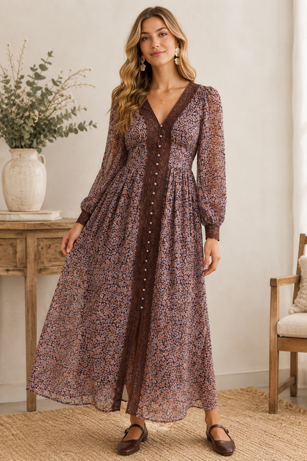 The Abigail Floral Lace Maxi Dress | Romantic Long Sleeve Button Front Dress