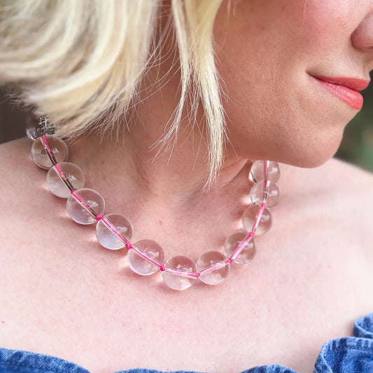 Judy clear glass chunky beaded statement necklace with pink knotted cord