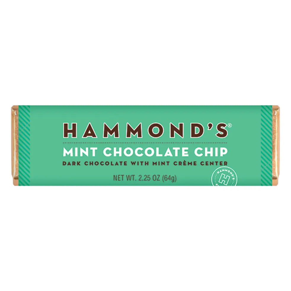 Hammond’s Mint Chocolate Chip dark chocolate candy bar with mint crème center
