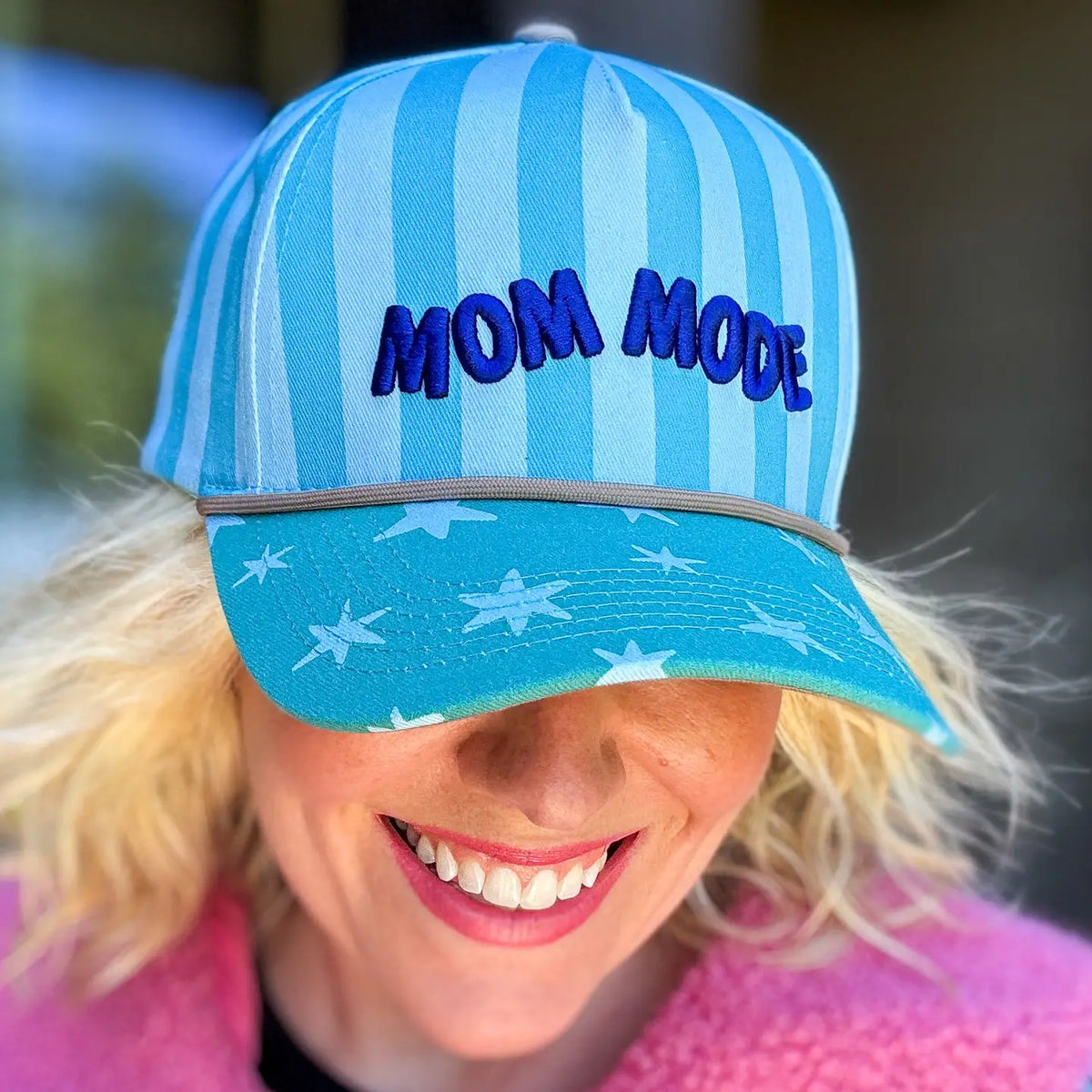 Mom Mode blue striped baseball hat with puffy embroidery and blue green star print bill