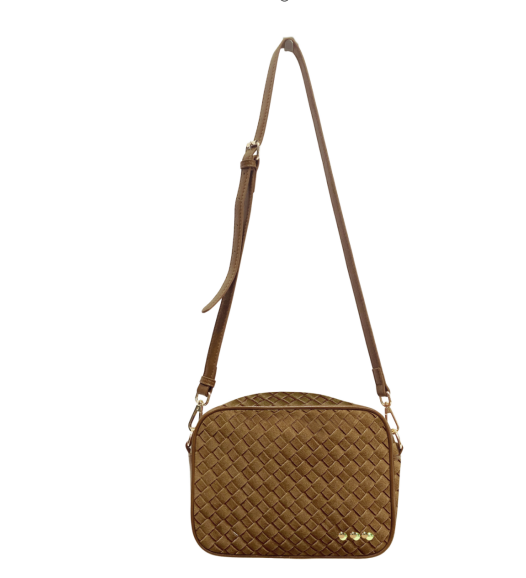 Willow woven faux suede camera crossbody bag in camel with adjustable strap