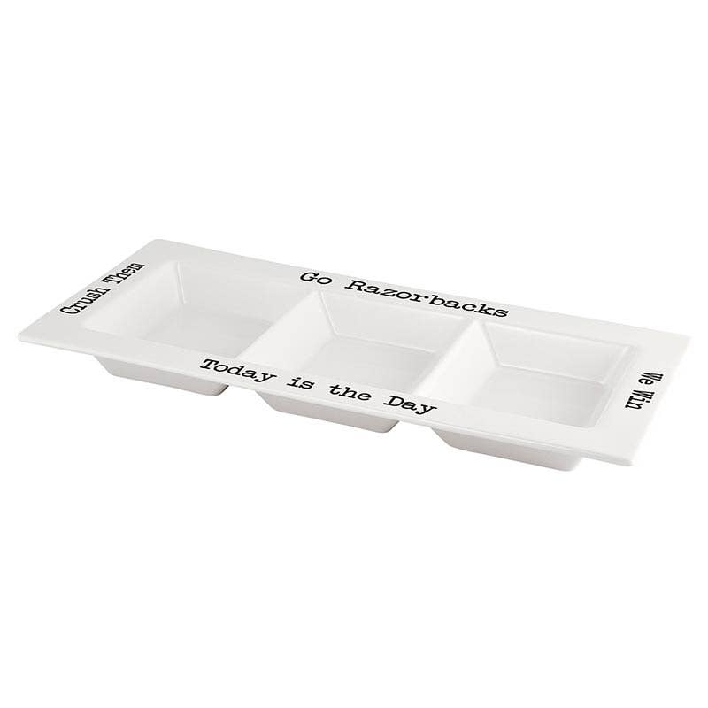 Divided Razorback game-day platter with three serving compartments