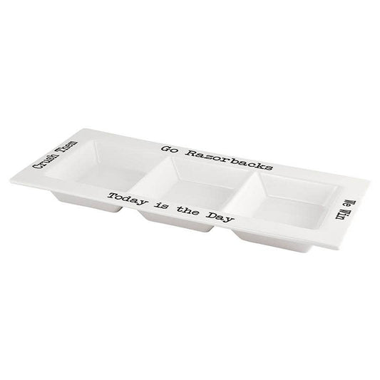 Divided Razorback game-day platter with three serving compartments