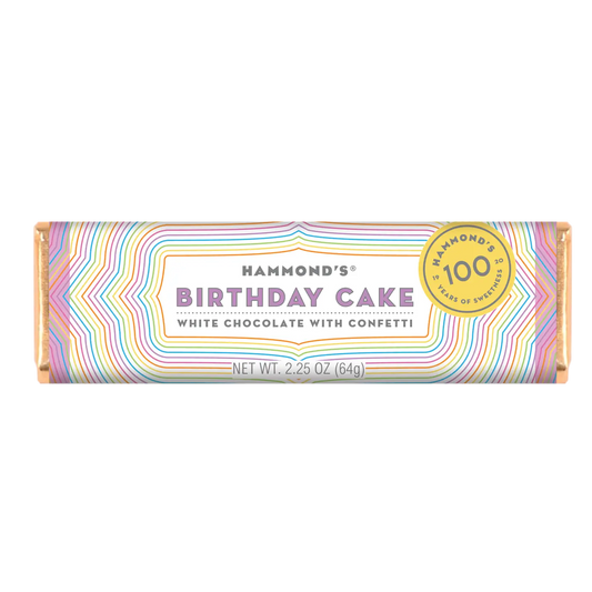 Hammond’s Birthday Cake white chocolate candy bar with rainbow confetti sprinkles