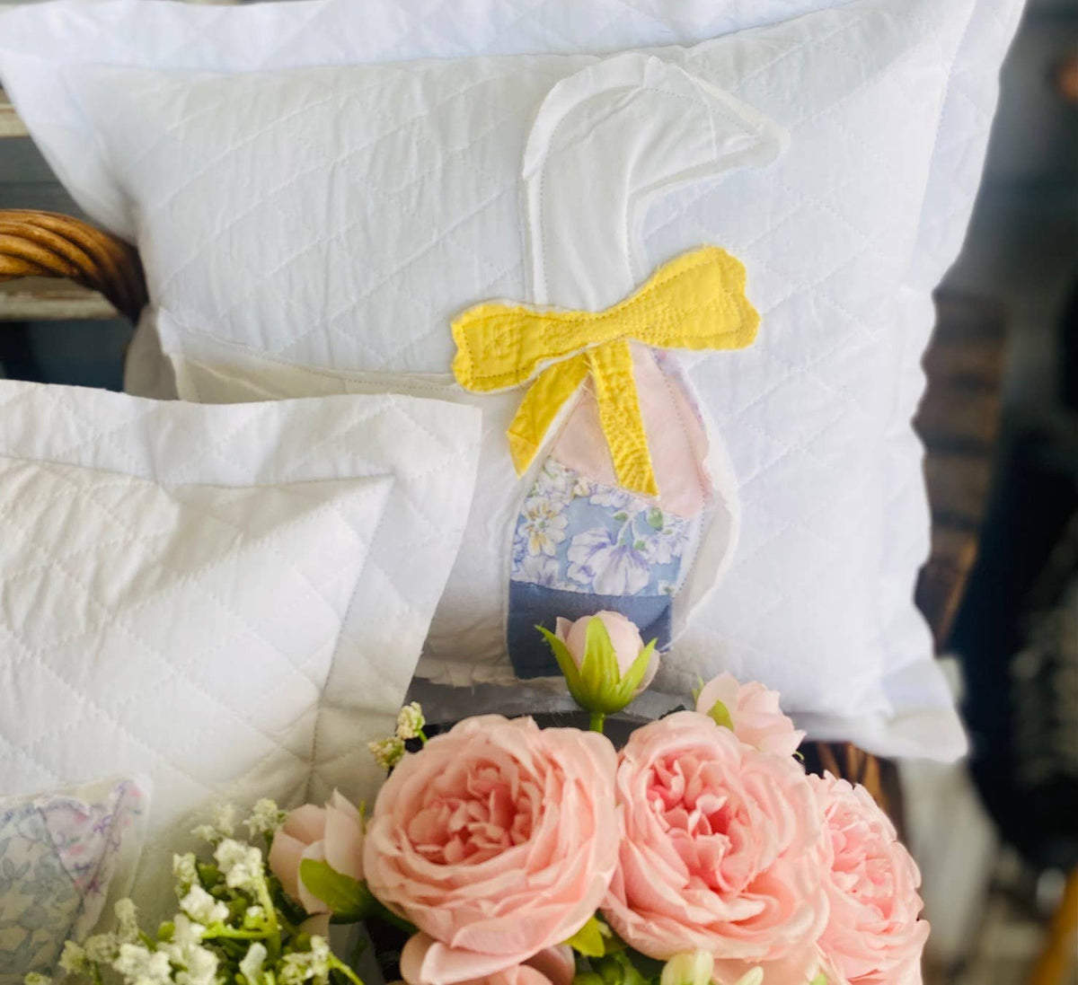 12x12 porch goose pillow with vintage quilt appliqué and yellow bow, handmade cottagecore farmhouse home decor