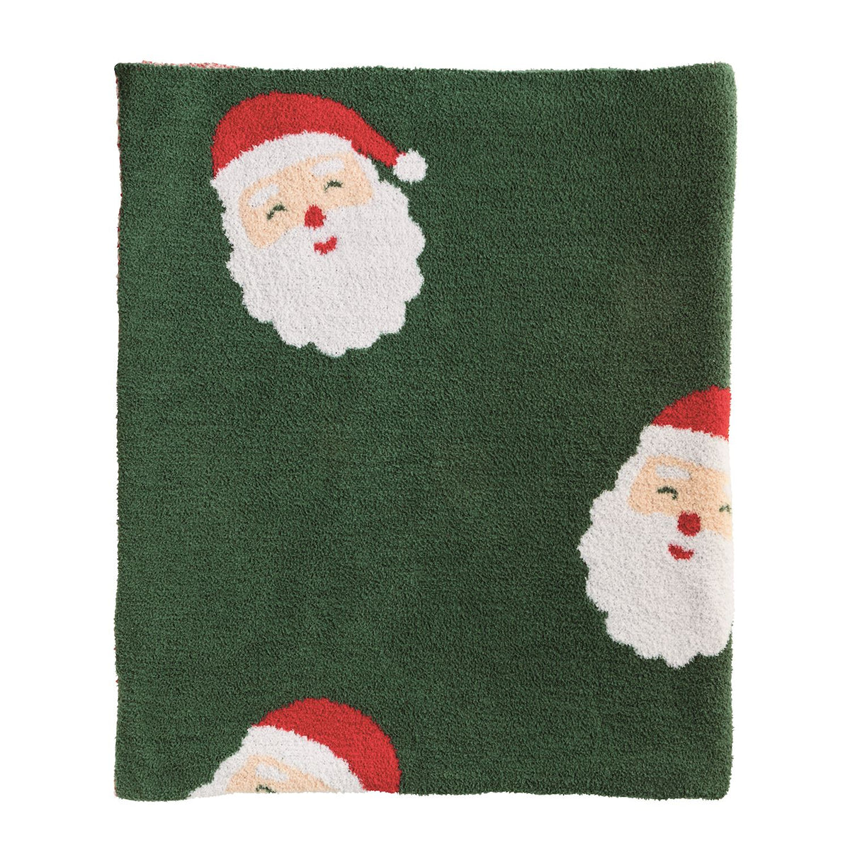 Green vintage Santa chenille Christmas throw blanket with repeating Santa faces
