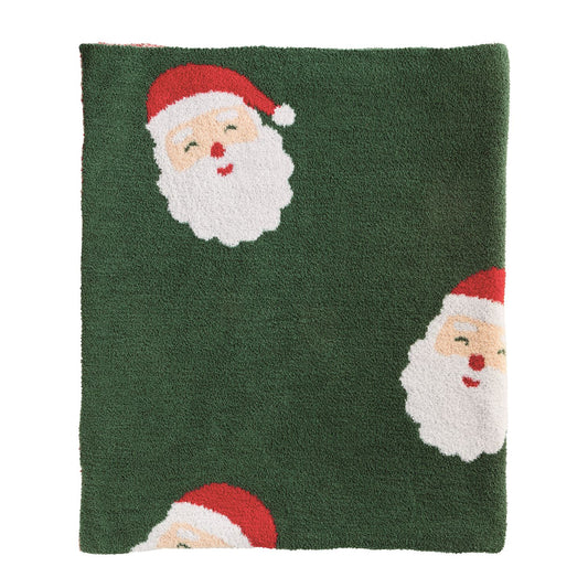 Green vintage Santa chenille Christmas throw blanket with repeating Santa faces
