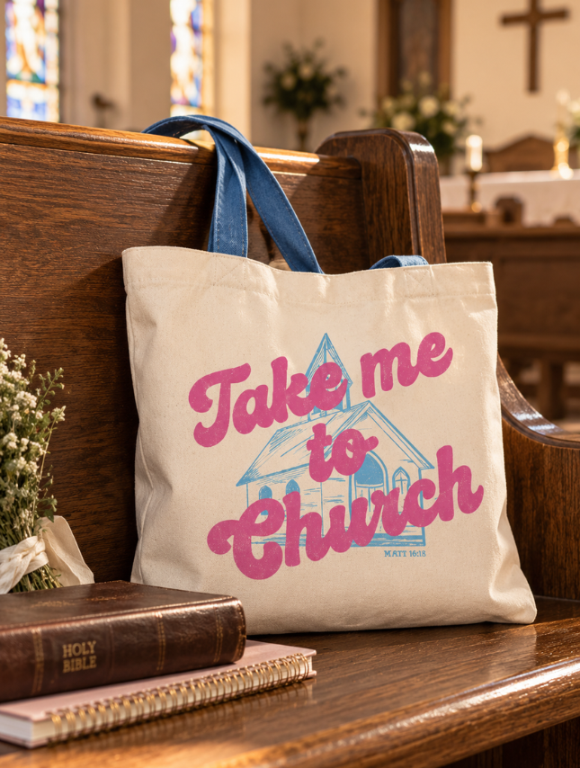 Take Me to Church Christian canvas tote bag displayed on church pew with Bible
