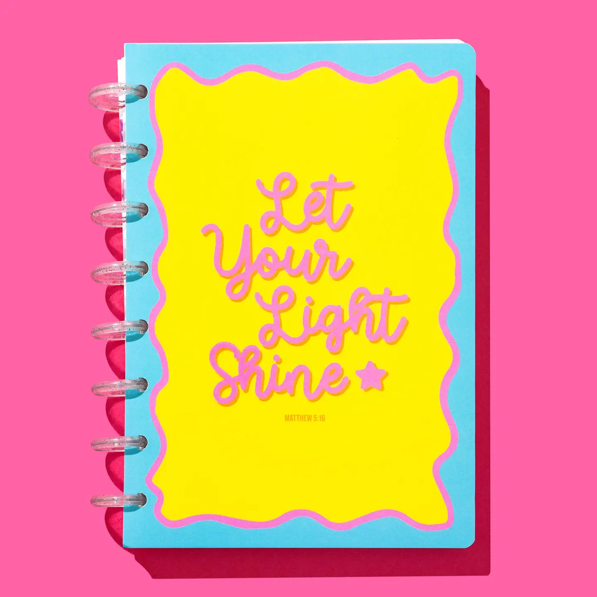 Let Your Light Shine Matthew 5:16 colorful Christian notebook with glitter disc binding