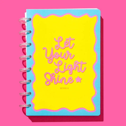 Let Your Light Shine Matthew 5:16 colorful Christian notebook with glitter disc binding