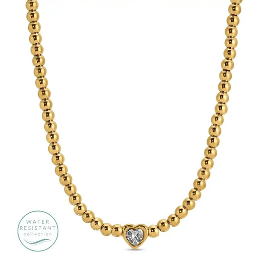 Gold Beaded Heart CZ Necklace – Water Resistant