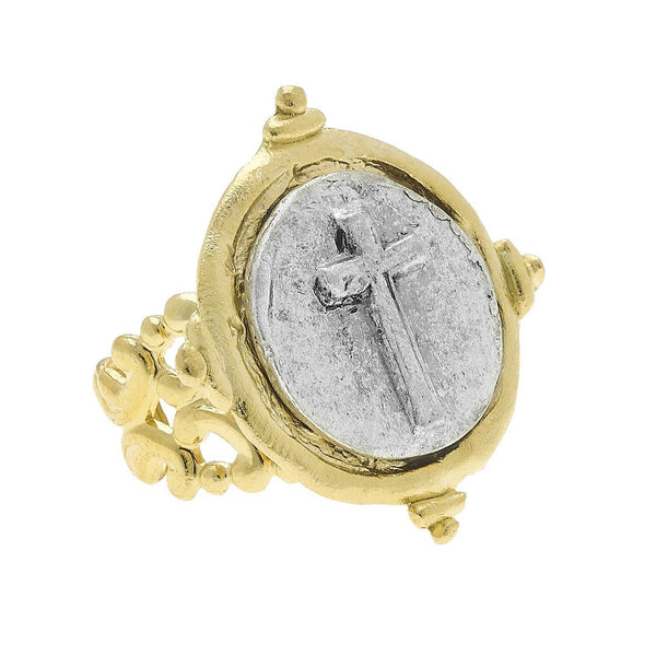 Handcast Gold and Silver Intaglio Cross Adjustable Ring