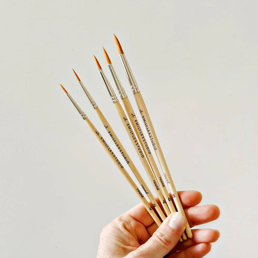 Five Emily Lex Studio watercolor paintbrushes in assorted sizes held in hand