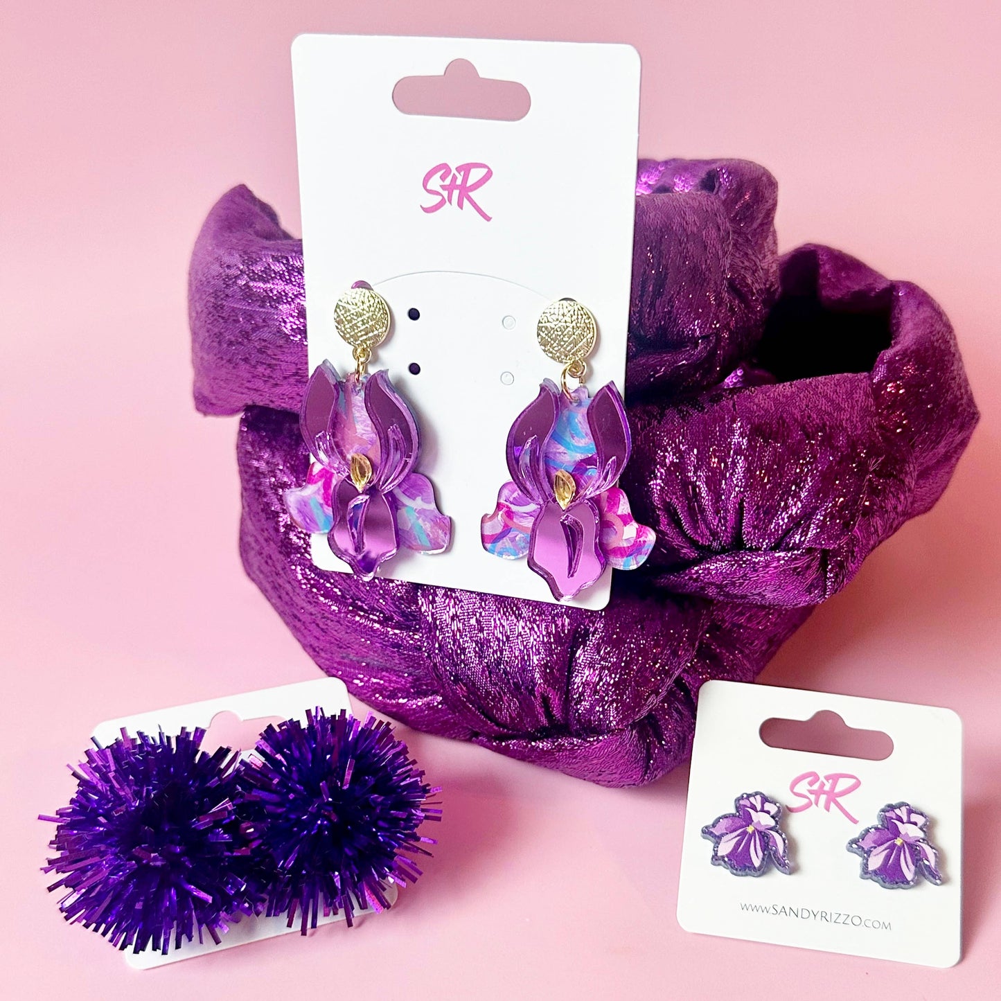 Purple Tinsel Party Pom Stud