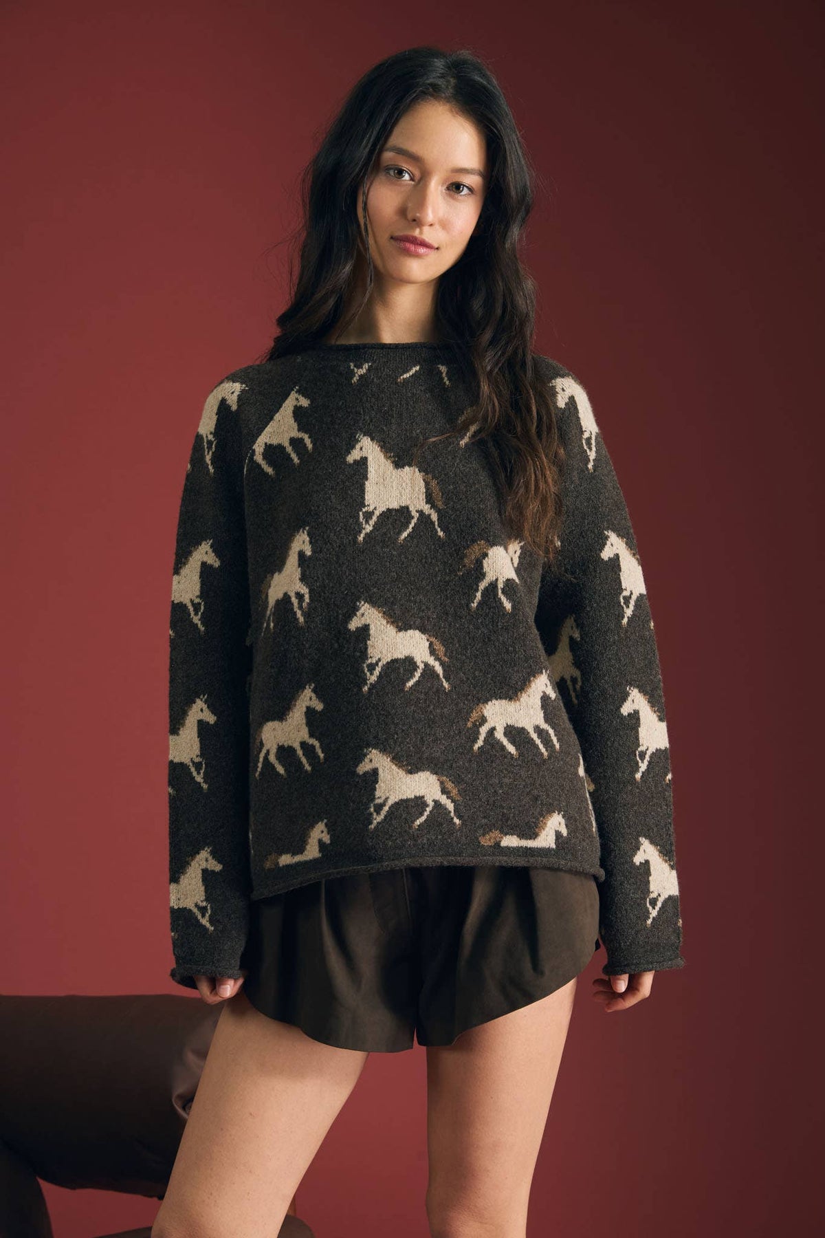 Women’s charcoal horse jacquard sweater with cream western horse pattern