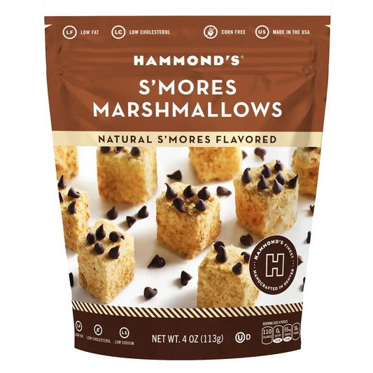 Hammond’s S’mores gourmet marshmallows in 4 oz resealable bag with graham and chocolate-inspired flavor