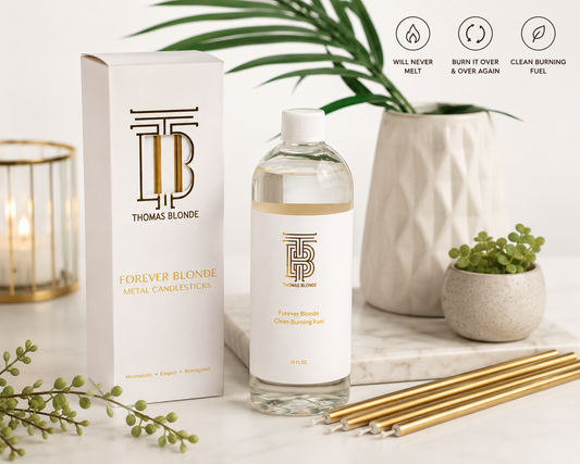 Thomas Blonde Forever Blonde Metal Candlesticks & Clean Burning Fuel | Refillable Luxury Candle Set