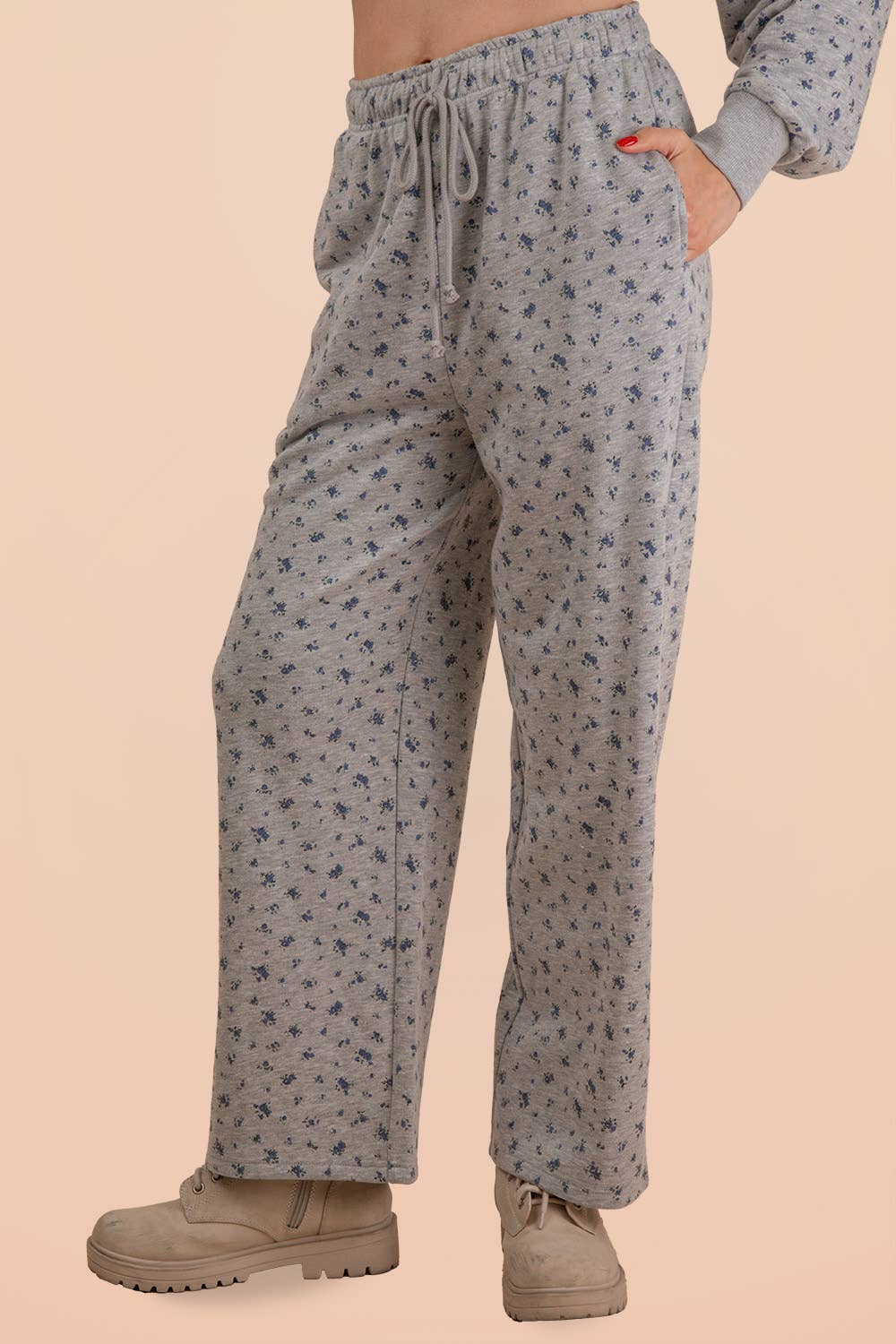 Heather gray blue floral wide leg lounge pants with elastic drawstring waist