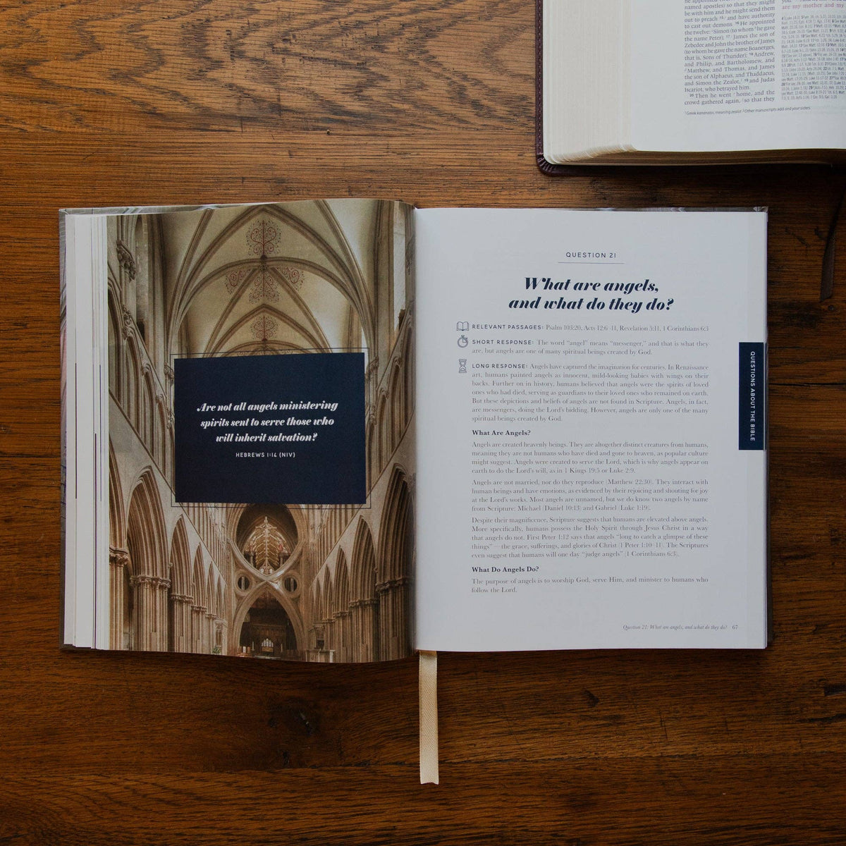 Use a unique description for each photo, such as an open copy of The Questions Handbook showing Scripture references and biblical answers to common Christian faith questions.