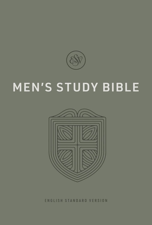 Sage green ESV Men’s Study Bible hardcover with shield and cross design