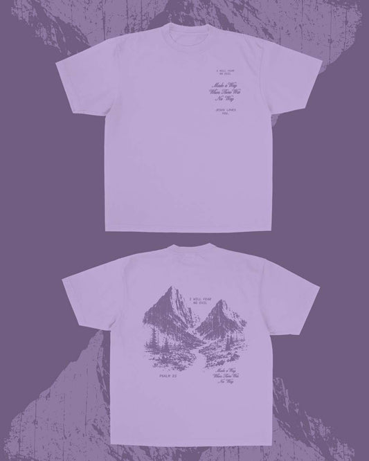 Lavender Waymaker Christian tee with Psalm 23 mountain graphic and I Will Fear No Evil design
