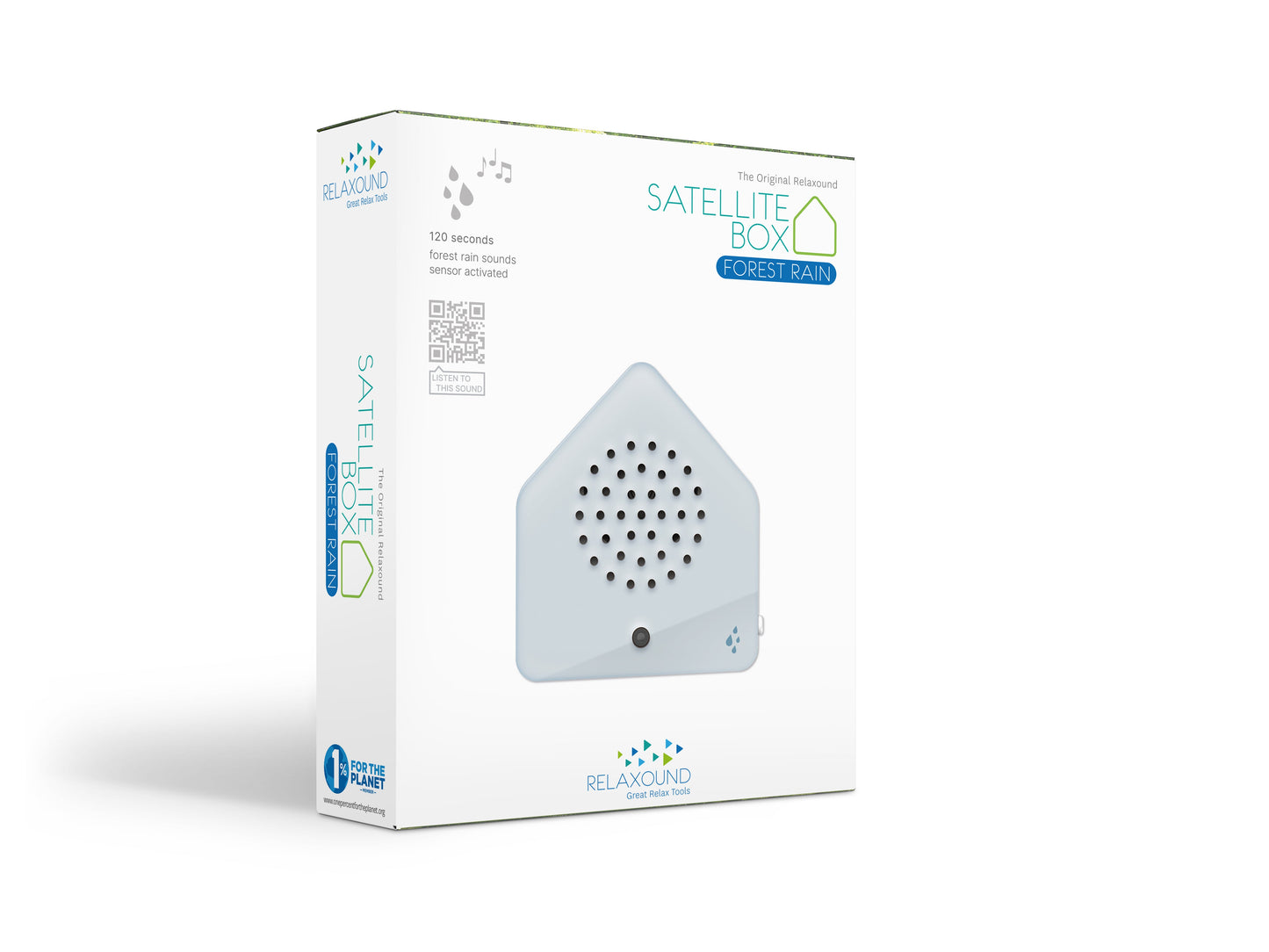 Relaxound Satellitebox Forest Rain Classic blue sensor-activated nature sound box in retail packaging
