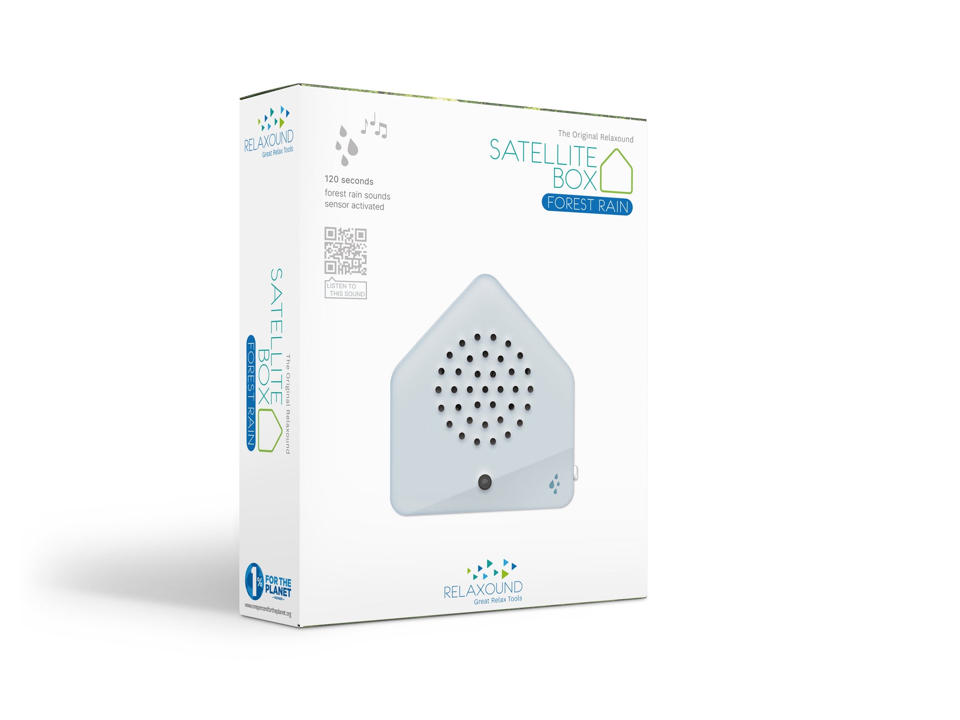 Relaxound Satellitebox Forest Rain Classic blue sensor-activated nature sound box in retail packaging