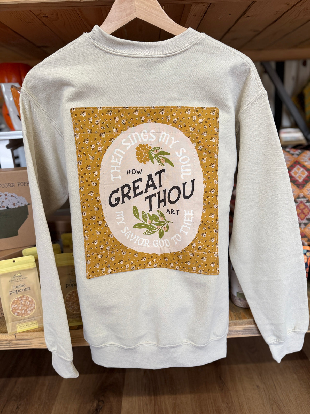 Small Freckles on the Side quilted Christian sweatshirt with How Great Thou Art faith panel
