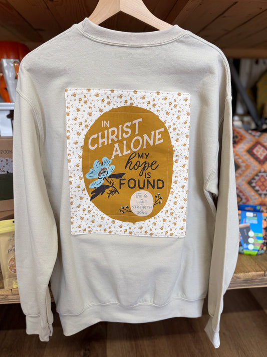 Medium handmade quilted Christian sweatshirt with In Christ Alone My Hope Is Found panel