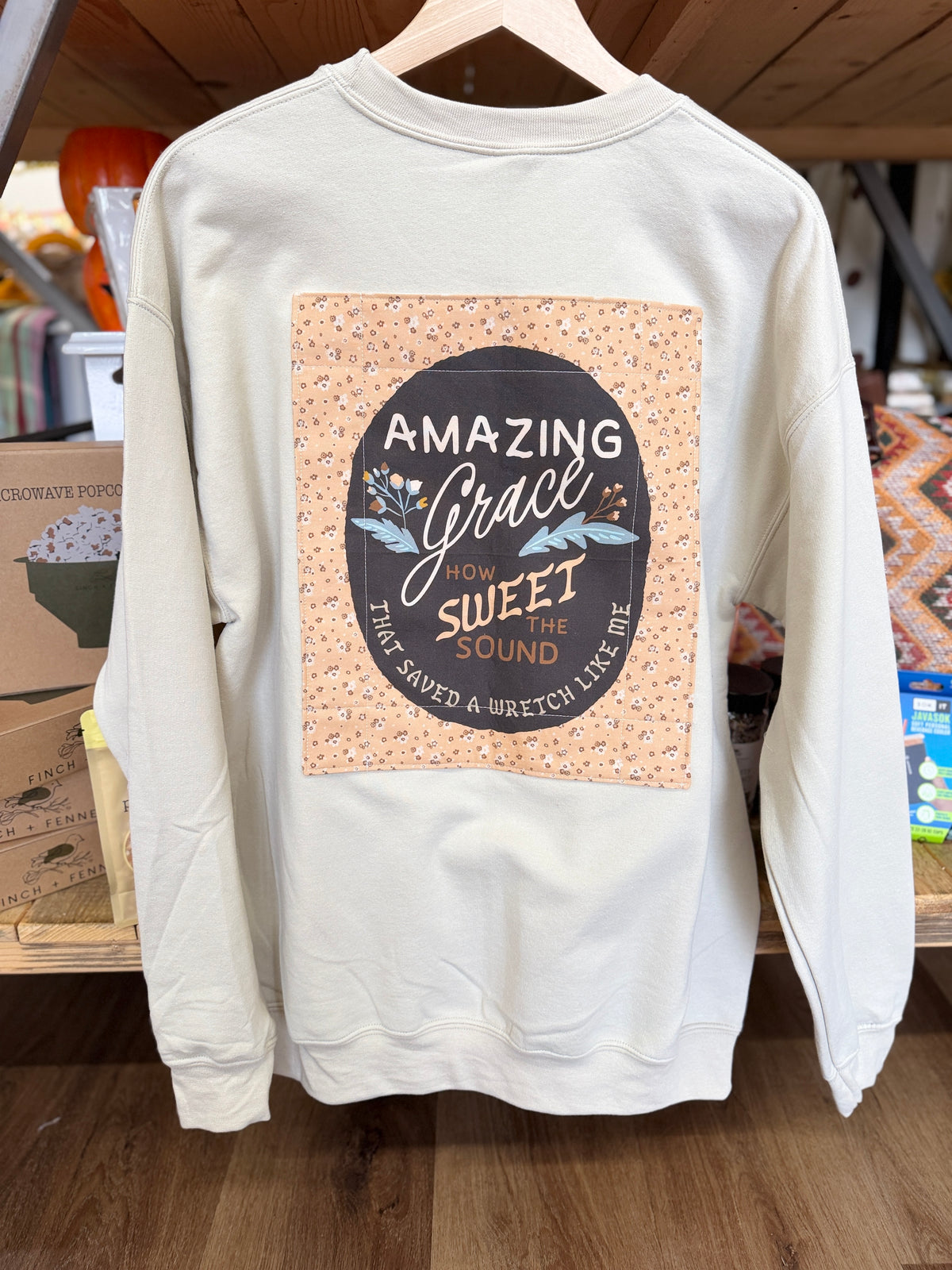Large Freckles on the Side Christian sweatshirt with handmade Amazing Grace quilt panel