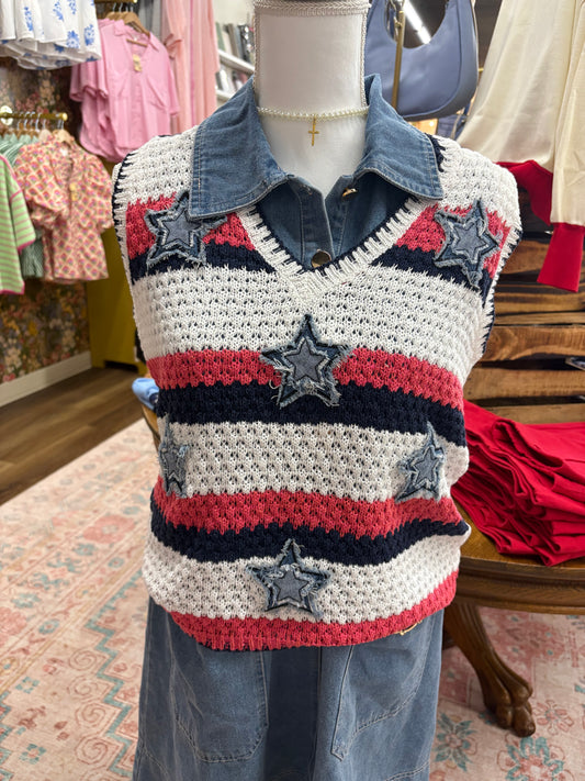 Crochet Top with Denim Patches