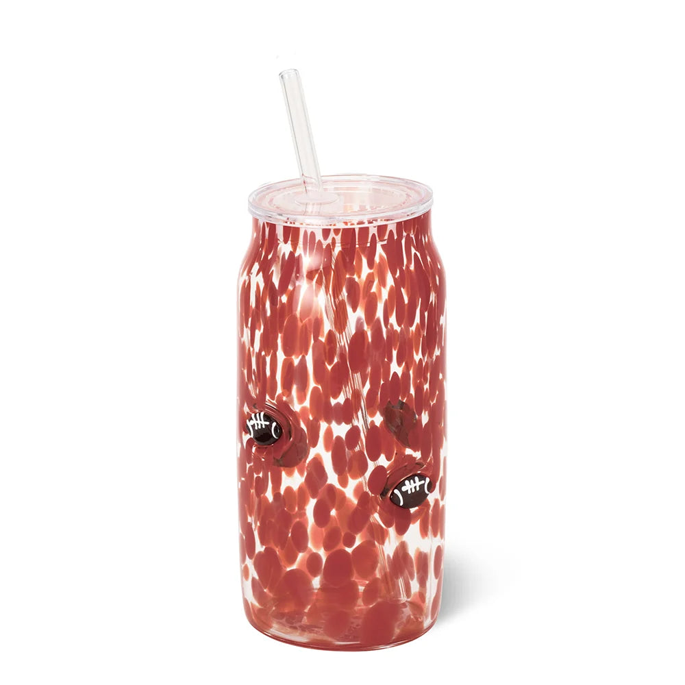 Swig Red Football Charm Glass 23oz with lid and reusable glass straw