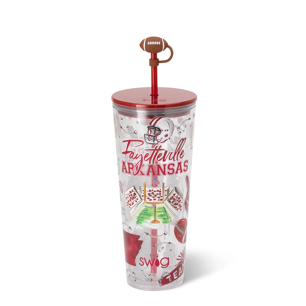 Swig Tailgates in Fayetteville Arkansas 24oz plastic tumbler with football straw topper

