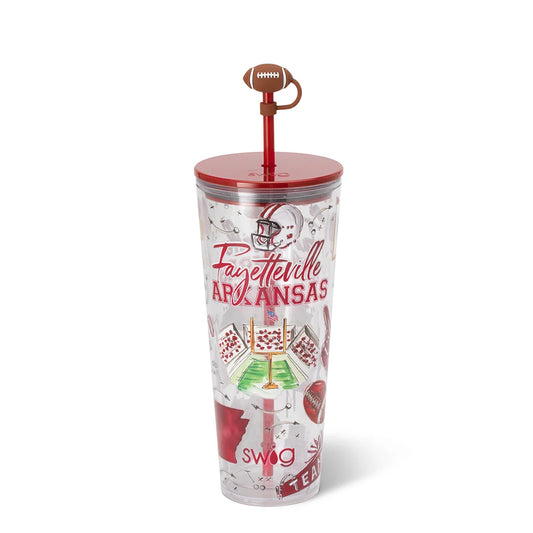 Swig Tailgates in Fayetteville Arkansas 24oz plastic tumbler with football straw topper
