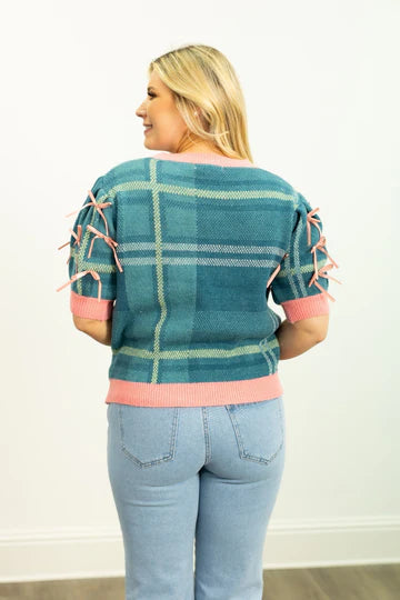 Plaid Sweater with Puff Sleeves