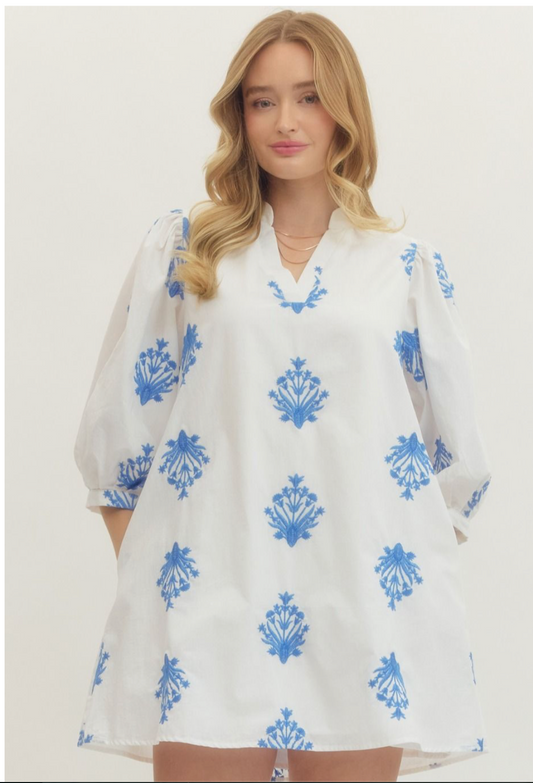 Blue Heirloom Embroidered Mini Dress