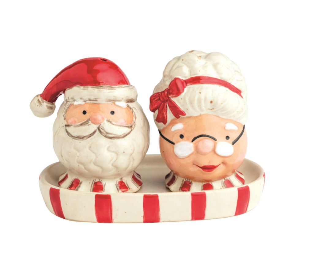 Mud Pie Mr and Mrs Claus stoneware Christmas salt and pepper shaker set with striped tray