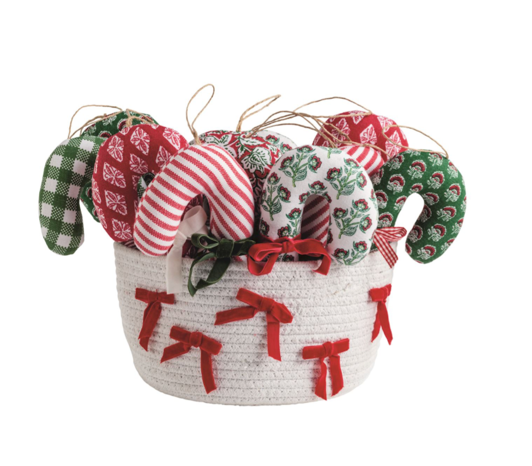 Assorted woven cotton candy cane Christmas ornaments in red, green, striped, gingham and floral patterns