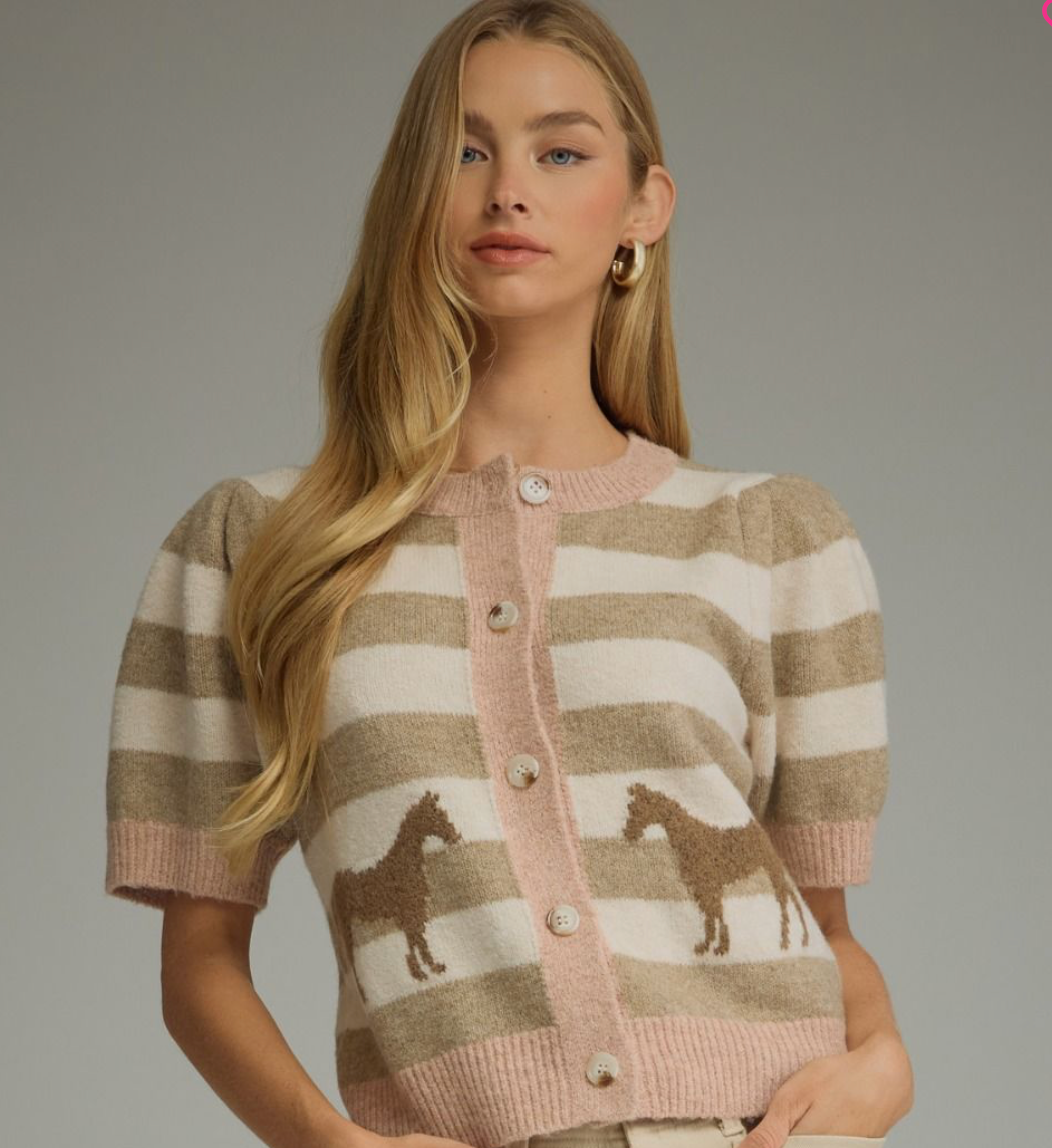 Women's striped horse motif short puff sleeve cardigan with blush pink trim and button front