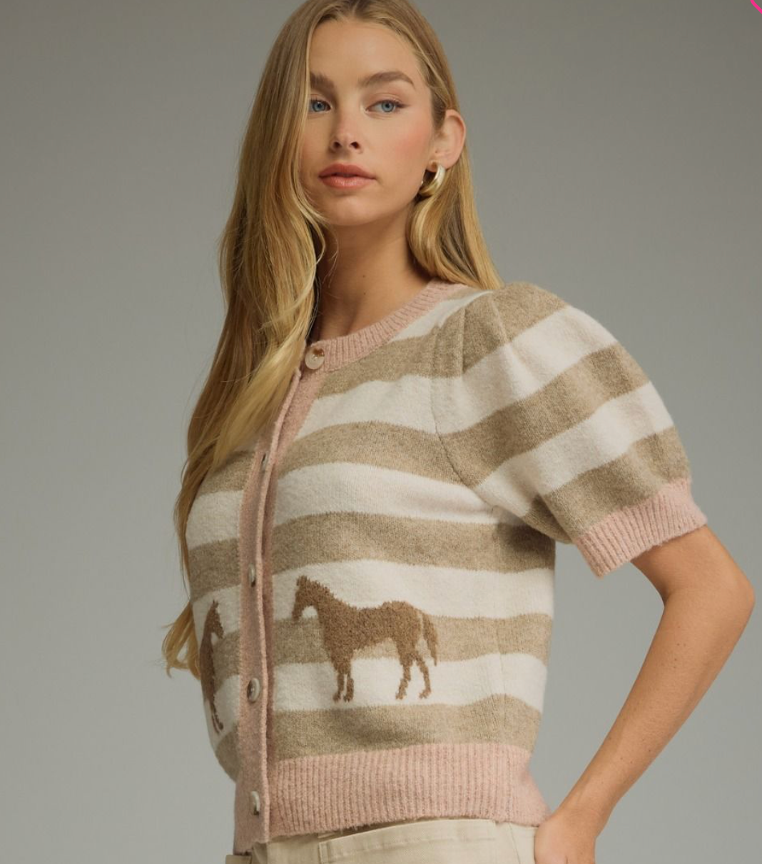 Saddle Club Horse Stripe Puff Sleeve Cardigan