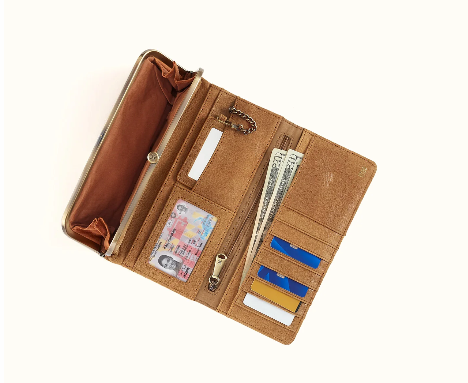 HOBO Rachel Whiskey leather wallet interior with card slots, ID window, zip pocket and bill compartment