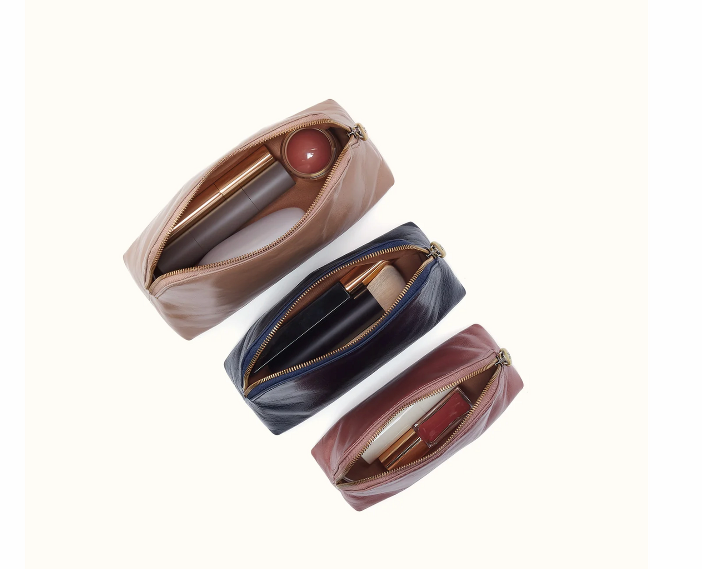 HOBO full-grain leather cosmetic makeup pouches in three sizes with zip closure
